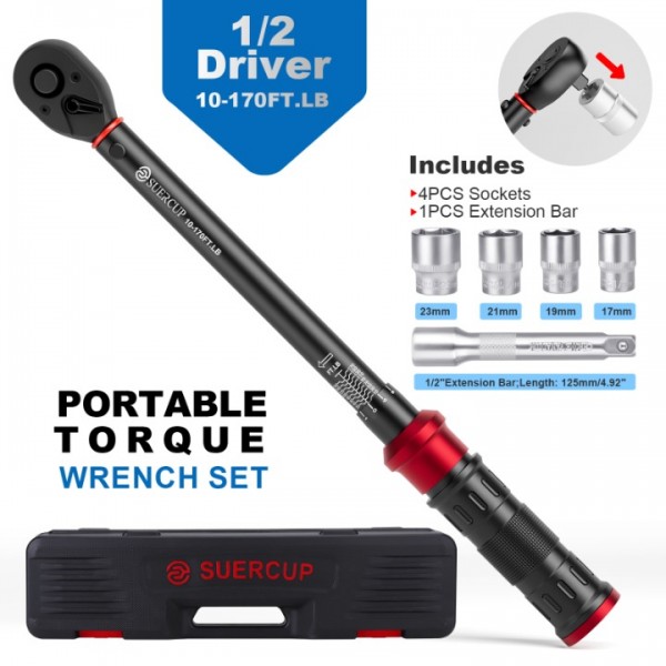 1/2-Inch Drive Click Torque Wrench 6 PCS Set- ±3% Accuracy Professional Torque Wrench, 10-170 ft.lb/13.6-230.5 Nm, Dual-Direction Adjustable 72 Tooth Torque Wrench for Moto and Car Maintenance