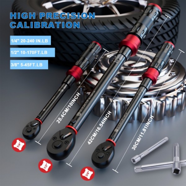 1/4 3/8 1/2-inch Drive Torque Wrench - 3Pcs Torque Wrench Set 20-240in.lb, 5-45ft.lb, 10-170ft.lb, Dual-Direction Adjustable 72 Tooth Click Torque Wrench for Bicycle, Moto and Car Maintenance