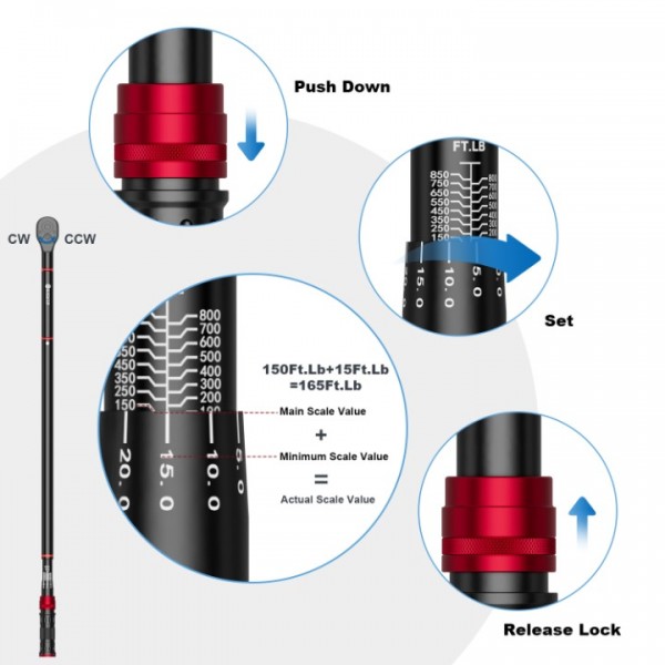 3/4-inch Drive Click Torque Wrench, 100-850ft.lb/135.5-1151.8Nm Adjustable 48 Tooth, ±3% High Accuracy Torque Wrench for Car/Truck Maintenance