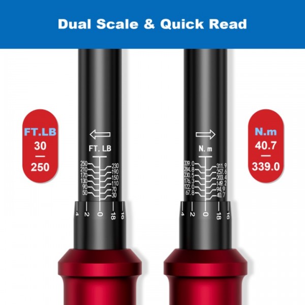 1/2-Inch Drive Click Torque Wrench - ±3% Accuracy Professional 30-250 Ft.Lb/40.7-339Nm, Dual-Direction Adjustable 72 Tooth for Product Assembly and Car Repair