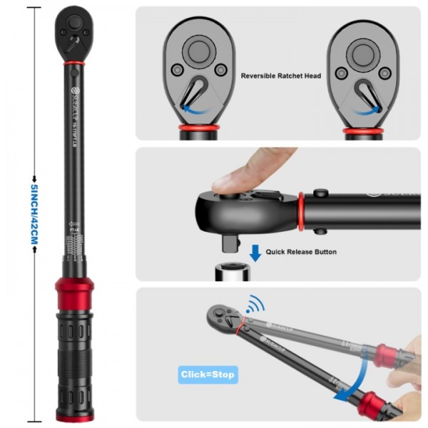 1/2-Inch Drive Click Torque Wrench - 10-170 ft.lb/13.6-230.5 Nm, Dual-Direction Adjustable 72 Tooth Torque Wrench，±3% Accuracy Professional Torque Wrench 5 PCS Set for Moto and Car Maintenance