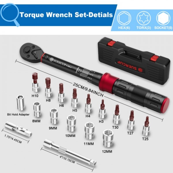 SUERCUP 1/4-Inch Drive Click Torque Wrench, 18 PCS Bike Torque Wrench Set 3-25Nm, Dual-Direction Adjustable 72 Tooth Click Torque Wrench, Used for Bicycle Maintenance