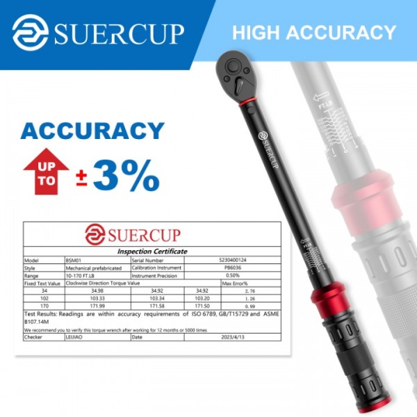 SUERCUP 1/2-inch Drive Torque Wrench - 10-170 ft.lb/13.6-230.5 Nm, Dual-Direction Adjustable 72 tooth Click Torque Wrench with Buckle for Bicycle, Moto and Car Maintenance