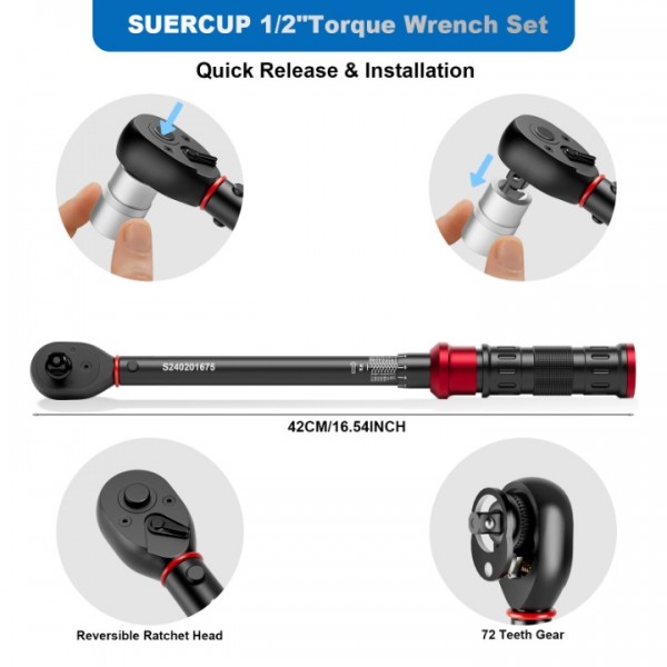 1/2-Inch Drive Click Torque Wrench 6 PCS Set- ±3% Accuracy Professional Torque Wrench, 10-170 ft.lb/13.6-230.5 Nm, Dual-Direction Adjustable 72 Tooth Torque Wrench for Moto and Car Maintenance