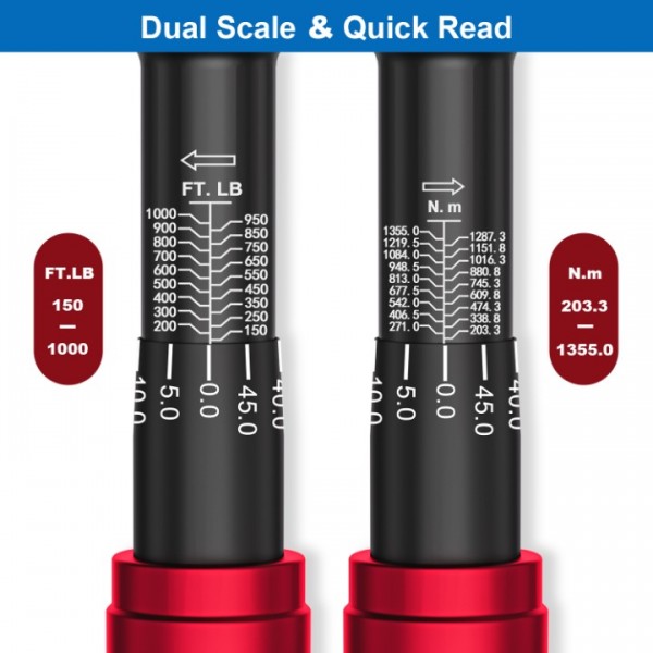 3/4-inch Drive Click Torque Wrench, 150-1000ft.lb/203.3-1355Nm, ±3% High Accuracy and Dual-Direction Click Torque Wrench with a Hex Key for wind turbines,dockyards, car/truck repair
