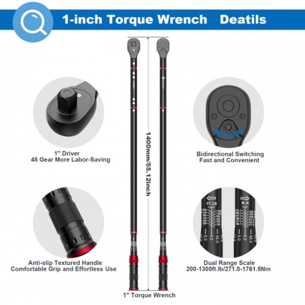 1-inch Drive Click Torque Wrench, 200-1300Ft-Lb/271-1761.5Nm, ±3% High Accuracy and Dual-Direction Click Torque Wrench with a Hex Key for Wind Turbines, Car/Truck Repair etc