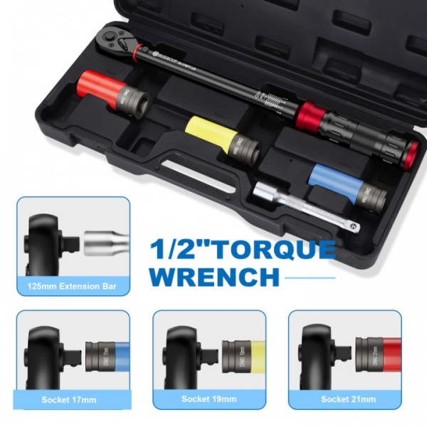 1/2-Inch Drive Click Torque Wrench - 10-170 ft.lb/13.6-230.5 Nm, Dual-Direction Adjustable 72 Tooth Torque Wrench，±3% Accuracy Professional Torque Wrench 5 PCS Set for Moto and Car Maintenance