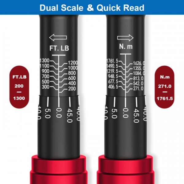 1-inch Drive Click Torque Wrench, 200-1300Ft-Lb/271-1761.5Nm, ±3% High Accuracy and Dual-Direction Click Torque Wrench with a Hex Key for Wind Turbines, Car/Truck Repair etc