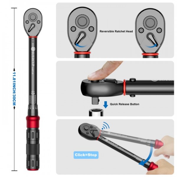 SUERCUP 3/8-Inch Drive Click Torque Wrench - 5-45 Ft-Lb/6.8-61Nm, ±3% High Accuracy Torque Wrench, Dual-Direction Adjustable 72 Tooth Click Torque Wrench for Bike, Motorcycle and Car Repair