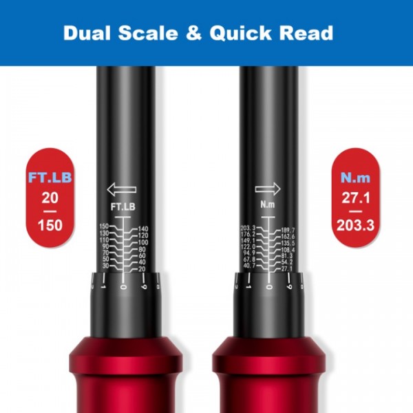 1/2-inch Drive Torque Wrench - 20-150 ft.lb/27.1-203.3 Nm, Dual-Direction Adjustable 72 Tooth Click Torque Wrench with Buckle for Bicycle, Moto and Car Maintenance