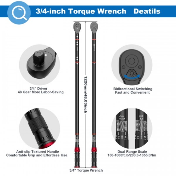 3/4-inch Drive Click Torque Wrench, 150-1000ft.lb/203.3-1355Nm, ±3% High Accuracy and Dual-Direction Click Torque Wrench with a Hex Key for wind turbines,dockyards, car/truck repair
