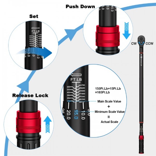 SUERCUP Torque Wrench 3/4-inch, Dual-Direction Adjustable 48 tooth 100-700ft.lb/135.5-948.5Nm, ±3% High Accuracy Drive Click Torque Wrench with Buckle for Car/Truck Maintenance and Product Assembly