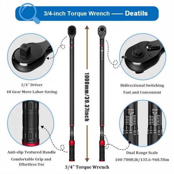 SUERCUP Torque Wrench 3/4-inch, Dual-Direction Adjustable 48 tooth 100-700ft.lb/135.5-948.5Nm, ±3% High Accuracy Drive Click Torque Wrench with Buckle for Car/Truck Maintenance and Product Assembly