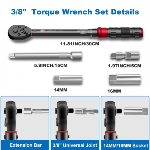 3/8-Inch Drive Click Torque Wrench 5 PCS Set, 5-45 Ft-Lb/6.8-61 Nm, ±3% High Accuracy Torque Wrench，Dual-Direction Adjustable 72 Tooth Click Torque Wrench Maintenance Kit
